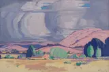Transvaal Landscape with Farmhouse by Jacobus Hendrik Pierneef, casein on paper, offered Jul 2025