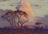 Landscape with Thorn Trees and Distant Mountains by Jacobus Hendrik Pierneef, 1928, casein on paper laid down on card, sold Jul 2025