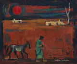 Maurice van Essche, Figure Walking a Donkey, oil on board