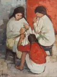 Christina Aletta (Christa) Botha, Three Women Sitting, 1971, oil on board