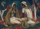Maurice van Essche, Two Seated Women, oil on board