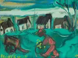 Frans Claerhout, Man with Cart and Cottages, oil on board