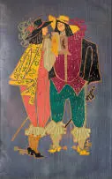 Ernest Ullmann, Two Figures in Costume, Greeting Card, oil on copper plate, in a card mount