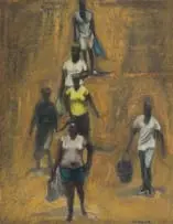 People by Gerald Tabata, 2024, oil on board, sold Jul 2025