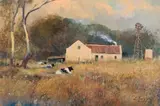 Christopher Tugwell, Farmstead with Cattle and Windmill, oil on board