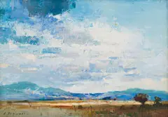 Extensive Landscape with Mountains in the Distance by Christopher Tugwell, oil on board, sold Jul 2025