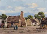 Otto Klar, Figures and Houses, oil on board