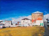 Clare Menck, Street Scene with Houses, oil on board
