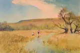Christopher Tugwell, Two Fishermen by a Stream, oil on canvasboard
