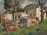 Gregoire Boonzaier, Landscape with Buildings and Mountain in the Distance, 1946, oil on panel
