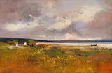 Derric Van Rensburg, Coastal Landscape with Houses and Field, oil on canvas