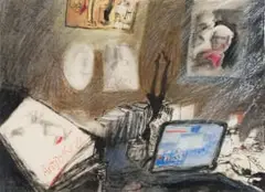 Linde Waber, Interior with Desk, mixed media on paper