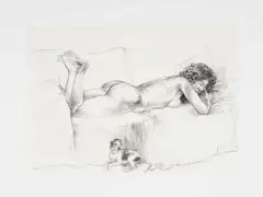 Nude with Puppy by Diane Victor, 1990, charcoal on paper, sold Jul 2025