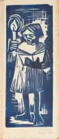 Peter Clarke, Child Singing Carols, Greeting Card, 1961, colour linocut on paper