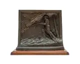 Miner with Machine Drill by Frederik Johannes (Frikkie) Kruger, bronze with a brown patina, on a wooden base, sold Jul 2025