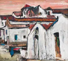 Sidney Goldblatt, Fishing Village, oil on board