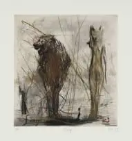 Deborah Bell, Fury, drypoint and spitbite aquatint with hand painting on paper