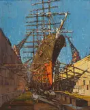 Clément Sénèque, Schooner in Durban Graving Dock, oil on canvas
