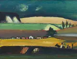 Pranas Domšaitis, Karoo Landscape with Small Houses and Figures, oil on canvas laid down on board