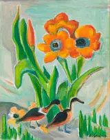 Maggie Laubser, Flowers and Ducks in a Landscape, oil on canvas laid down on board