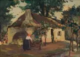 Hugo Naude, Cottage with Figures, oil on board
