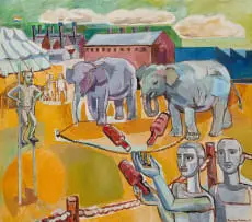 Alexander Podlashuc, Die Sirkus van die Oranje, Blanje, Blou (The Circus of the Orange, White, Blue), oil on canvas laid down on board