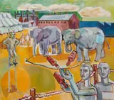 Alexander Podlashuc, Die Sirkus van die Oranje, Blanje, Blou (The Circus of the Orange, White, Blue), oil on canvas laid down on board