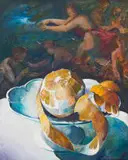 Louis van Heerden, Peeled Orange with Figures, oil on canvas