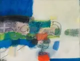 Douglas Portway, Abstract Composition in Blue and Green, mixed media with charcoal on paper laid down on board