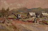 Walter Battiss, Landscape with Farmer's Cottage and Figures, oil on canvas laid down on board