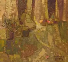 Barbara Grace Burry, Abstract in Green and Ochre, oil on hessian laid down on board
