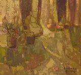 Barbara Grace Burry, Abstract in Green and Ochre, oil on hessian laid down on board