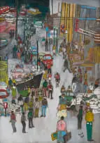 Vusi Khumalo, Busy Street Scene, oil on canvas laid down on board