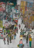 Vusi Khumalo, Busy Street Scene, oil on canvas laid down on board