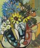 Nina Campbell-Quine, Abstracted Vase of Flowers with Agapanthus, oil on board