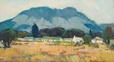 Piet van Heerden, Landscape with Cottages and Distant Mountains, oil on board