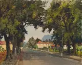 Piet van Heerden, Street Scene with Trees and Figures, oil on canvas