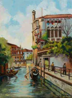 Carlo Sdoya, Canal Scene with Boats, oil on board