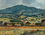 Piet van Heerden, Farm Landscape with Distant Mountains, oil on canvas laid down on board