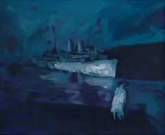 Clive van den Berg, Ship Leaving a Dock at Night, oil on canvas