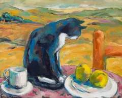Marena (Kaffie) Pretorius, Table with Cat, Cup and Fruit, oil on canvas