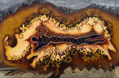 Raymond Andrews, Mythological Scene with Figure and Rhinoceros, painted and incised wood panel with gold leaf
