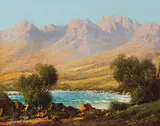Tinus de Jongh, Landscape with Lake and Mountains, oil on canvas