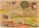 Abstract Landscape with Chickens, Birds and a Tree by Pieter van der Westhuizen, mixed media on paper, offered Jun 2025