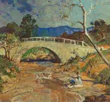 Walter Gilbert Wiles, Washerwomen by a Bridge, pastel on paper