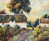Sydney Carter, Thatched Cottage with Figure, oil on canvasboard