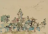 Gregoire Boonzaier, Street Scene with Mosque and Green Minaret, watercolour and ink on paper