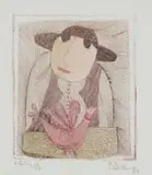 Pieter van der Westhuizen, Woman with Bird, hand-coloured etching on paper