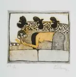 Pieter van der Westhuizen, Figure with Doves, colour etching on paper