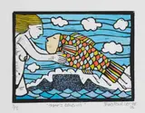 Theo Paul Vorster, Daar's Baie Vis (There're Many Fish), colour linocut on paper